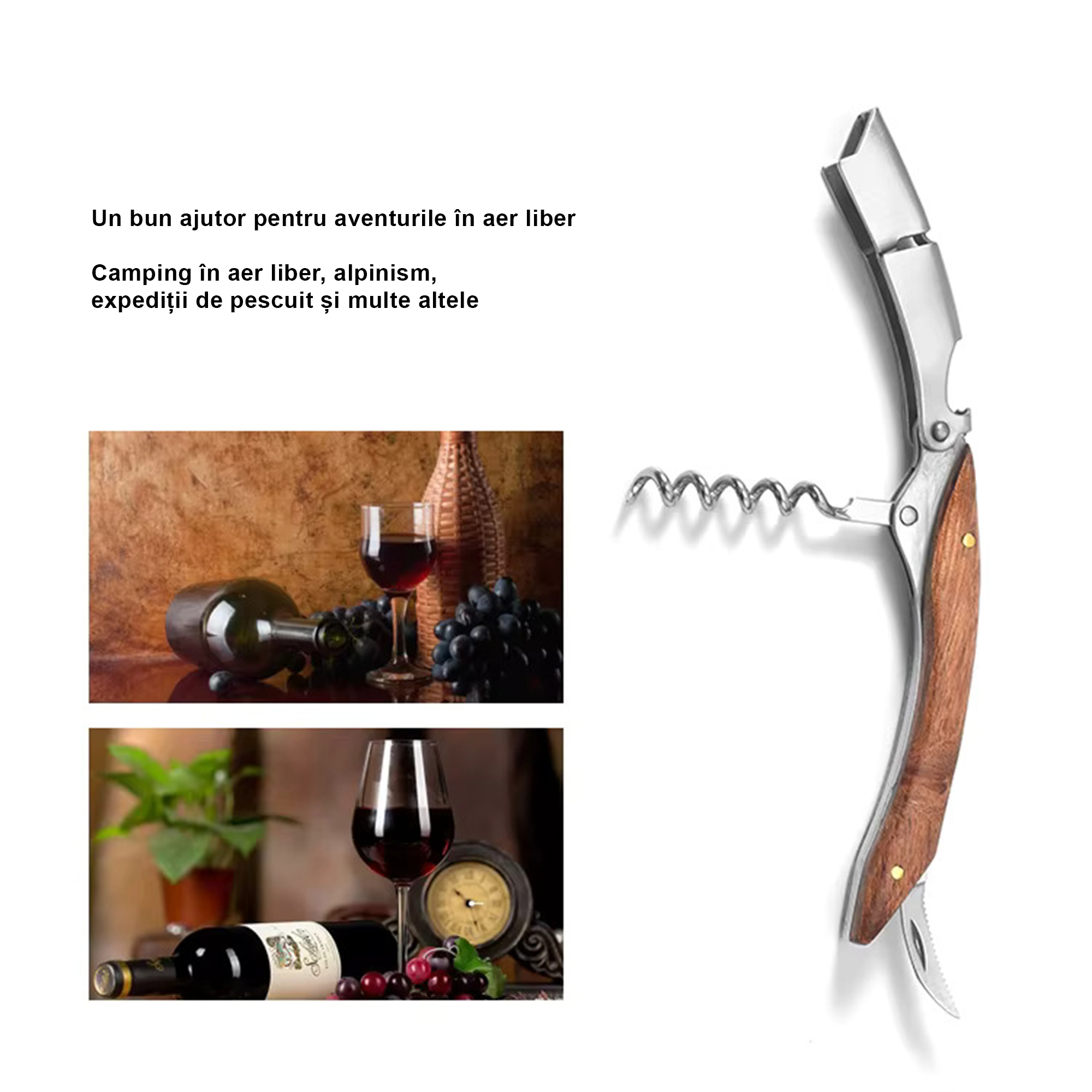 Set deschizatoare bucatarie premium – Tirbuson somelier lemn trandafir + Deschizator conserve inox multifunctional - imagine 3