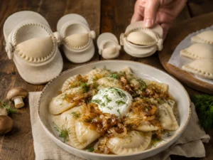 Coltunasi cu cartofi, ciuperci si ceapa caramelizata