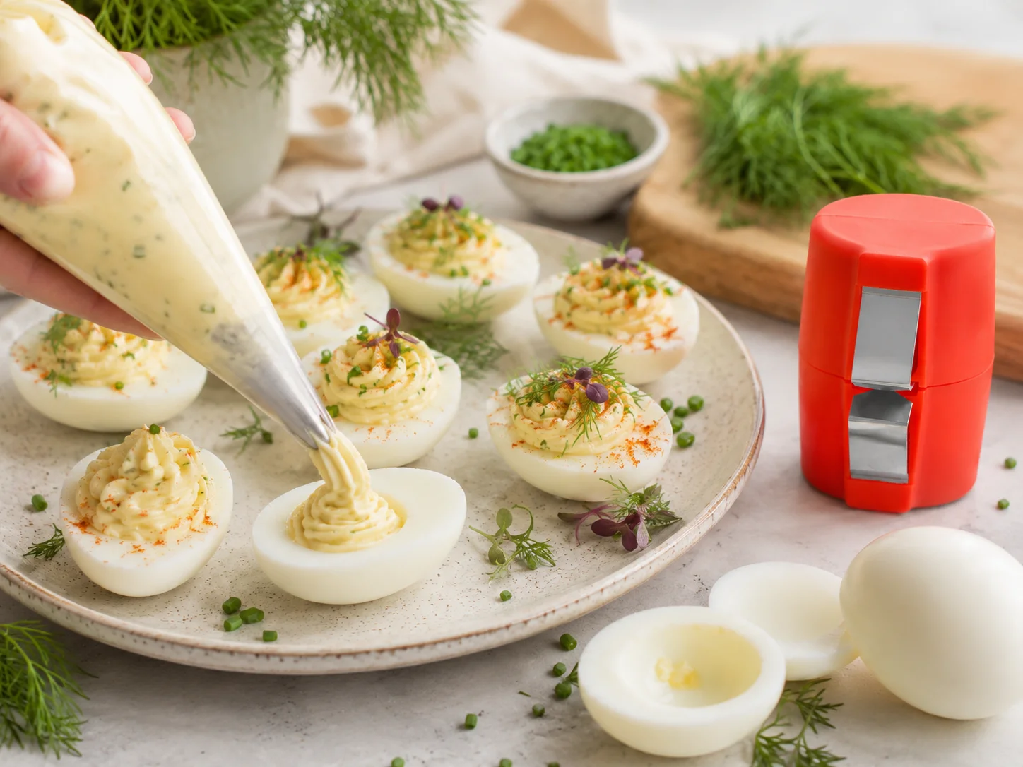 Oua umplute cu crema fina de iaurt, mustar si verdeata