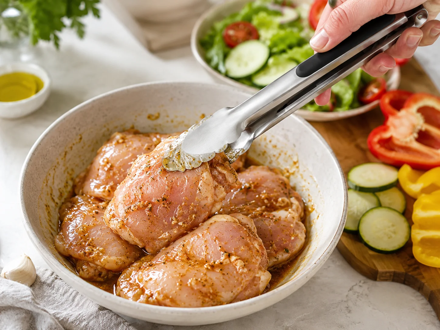 Pulpe de pui glazurate la gratar cu legume si salata crocanta