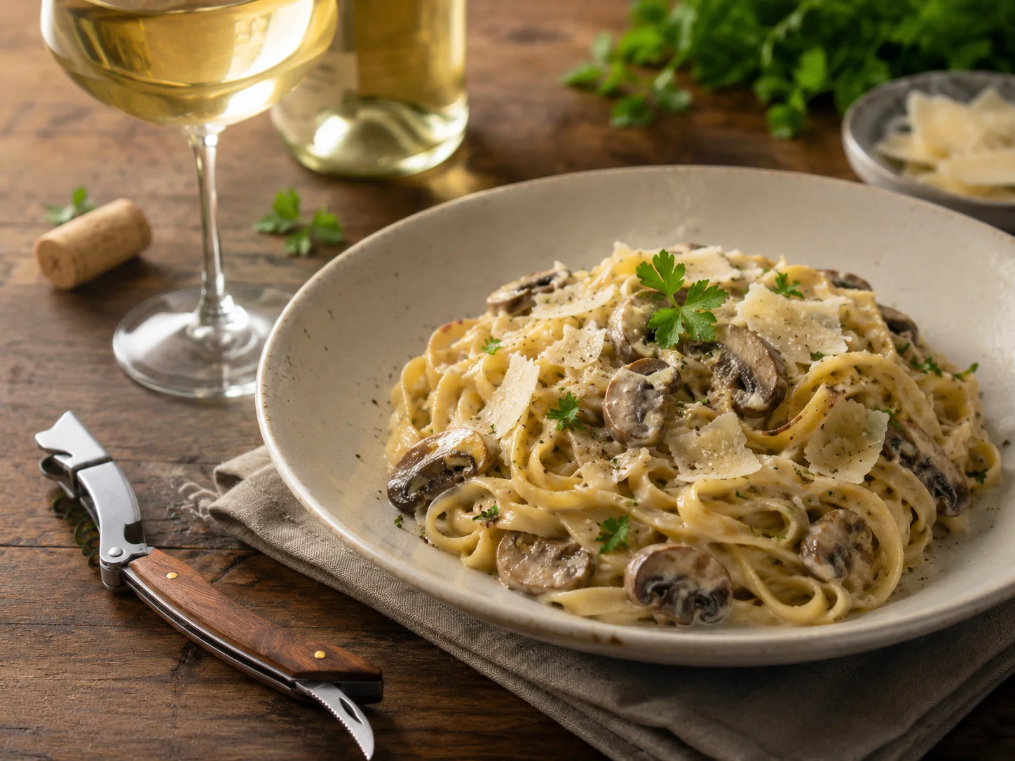 Tagliatelle cu ciuperci in sos de vin alb si parmezan